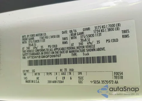 2016 Ford F-150 Lariat z USA, uszkodzony, nr VIN 1FTEW1EG8GFD09707